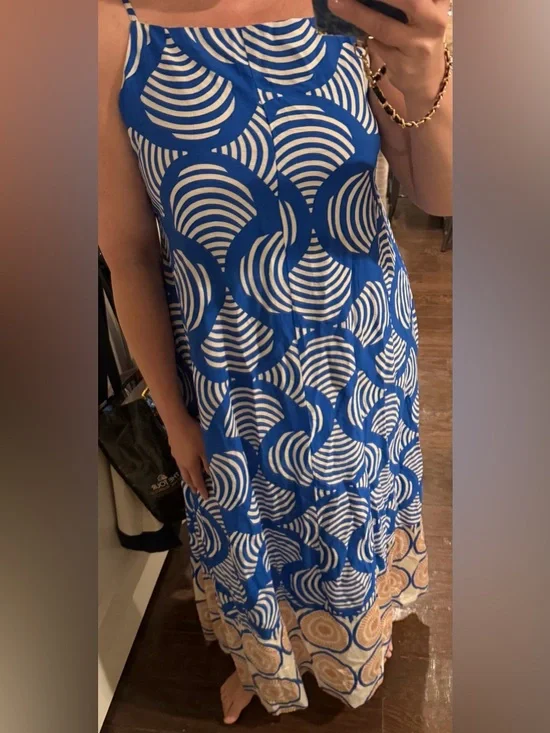 Blue & White Geometric Maxi Dress with contrasting trim - Picture 5 of 6